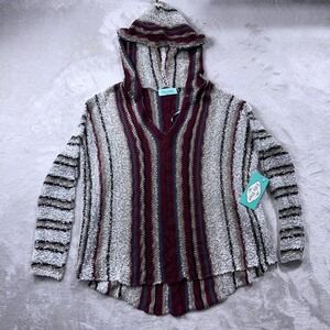 Filly Flair Sweater Womens S/M Multicolor Hooded V Neck Striped Knit Pullover